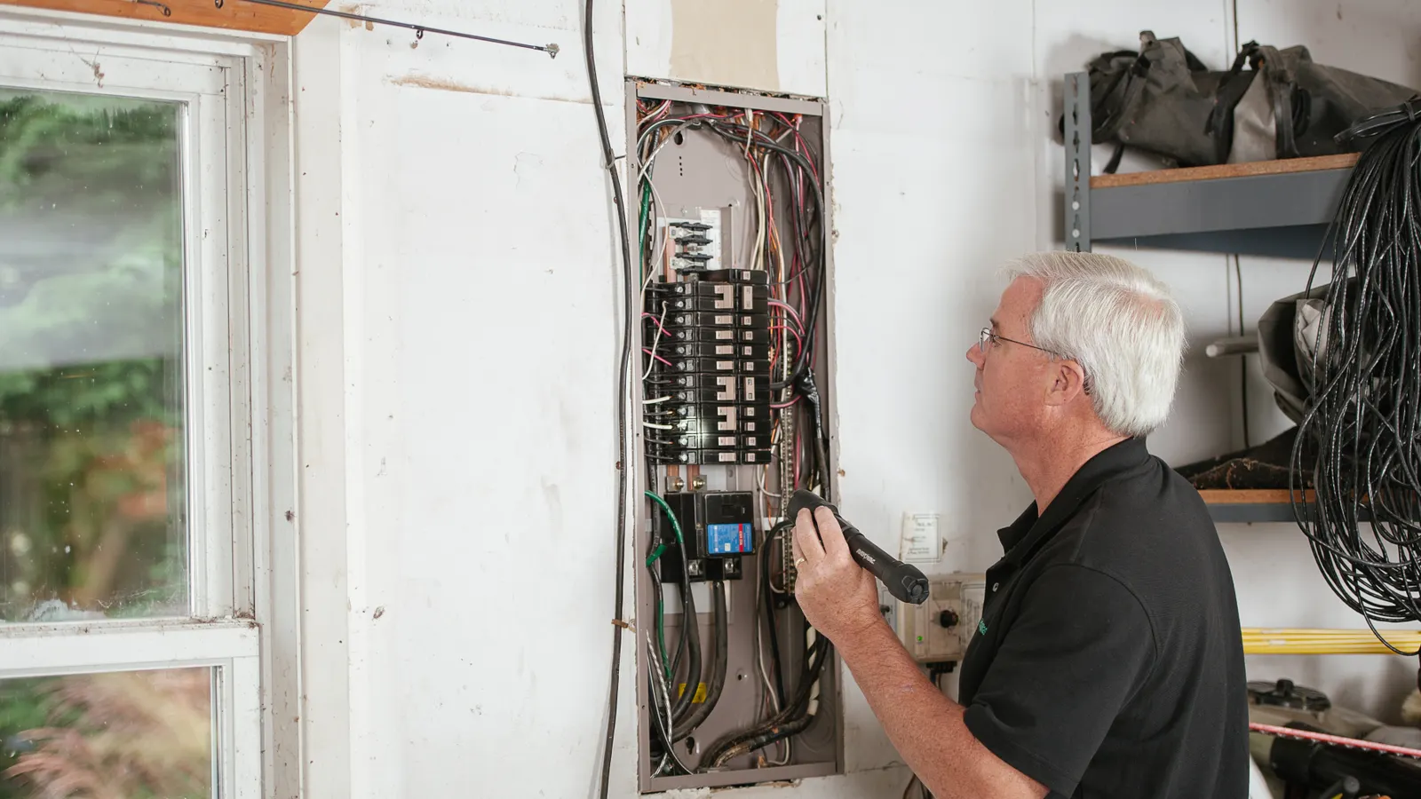 Electricista revisando el cuadro eléctrico de una vivienda